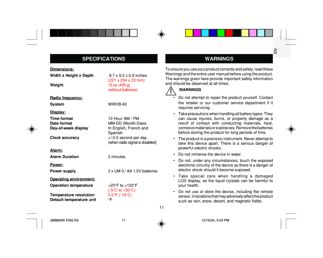 Oregon JM889NA user manual Specifications, WWVB-60 