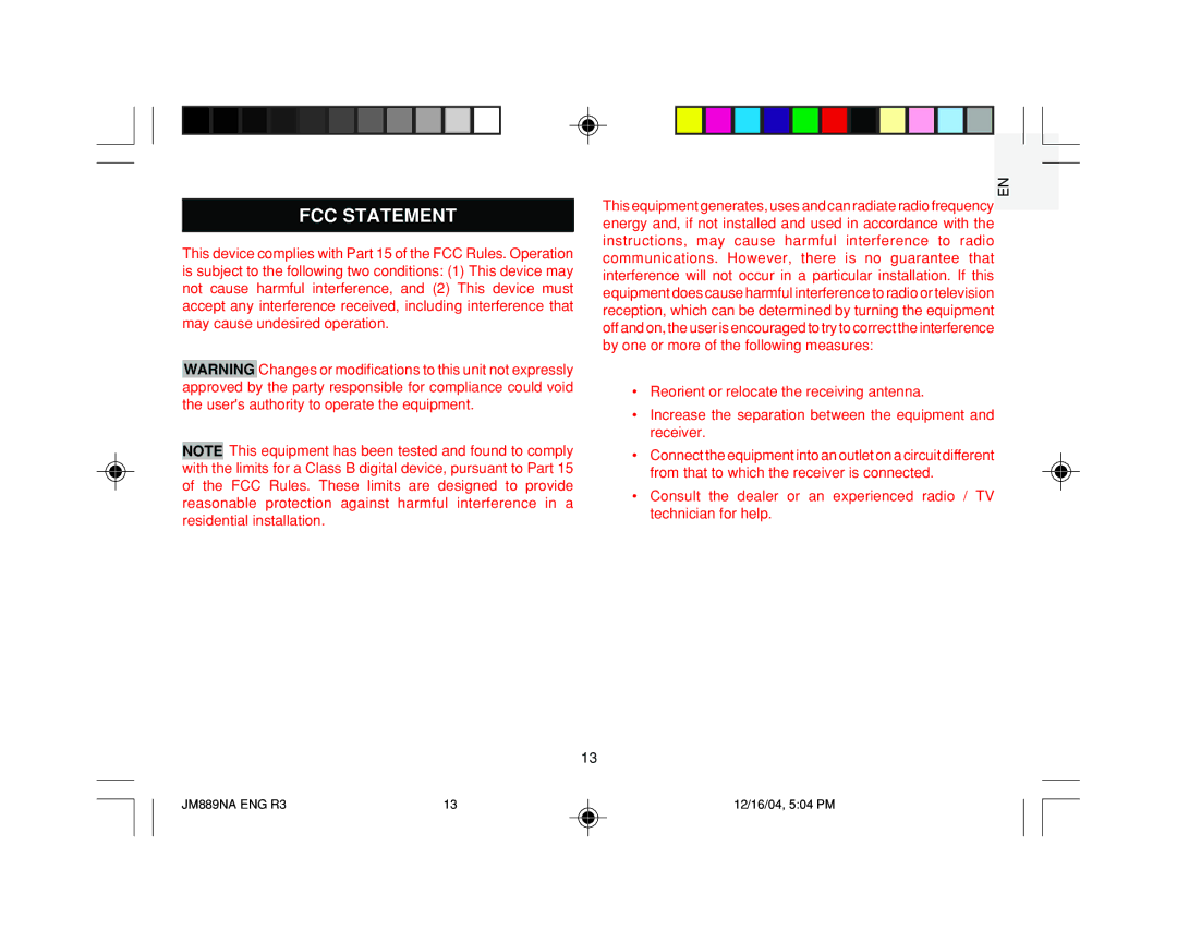 Oregon JM889NA user manual FCC Statement 