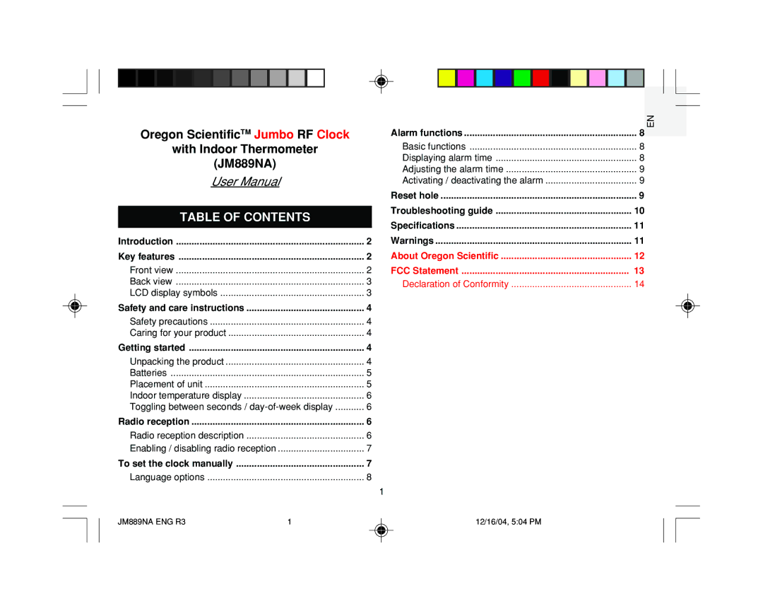 Oregon JM889NA user manual Table of Contents 