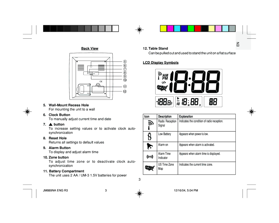 Oregon JM889NA Back View Table Stand, LCD Display Symbols, Reset Hole, Alarm Button, Zone button, Battery Compartment 