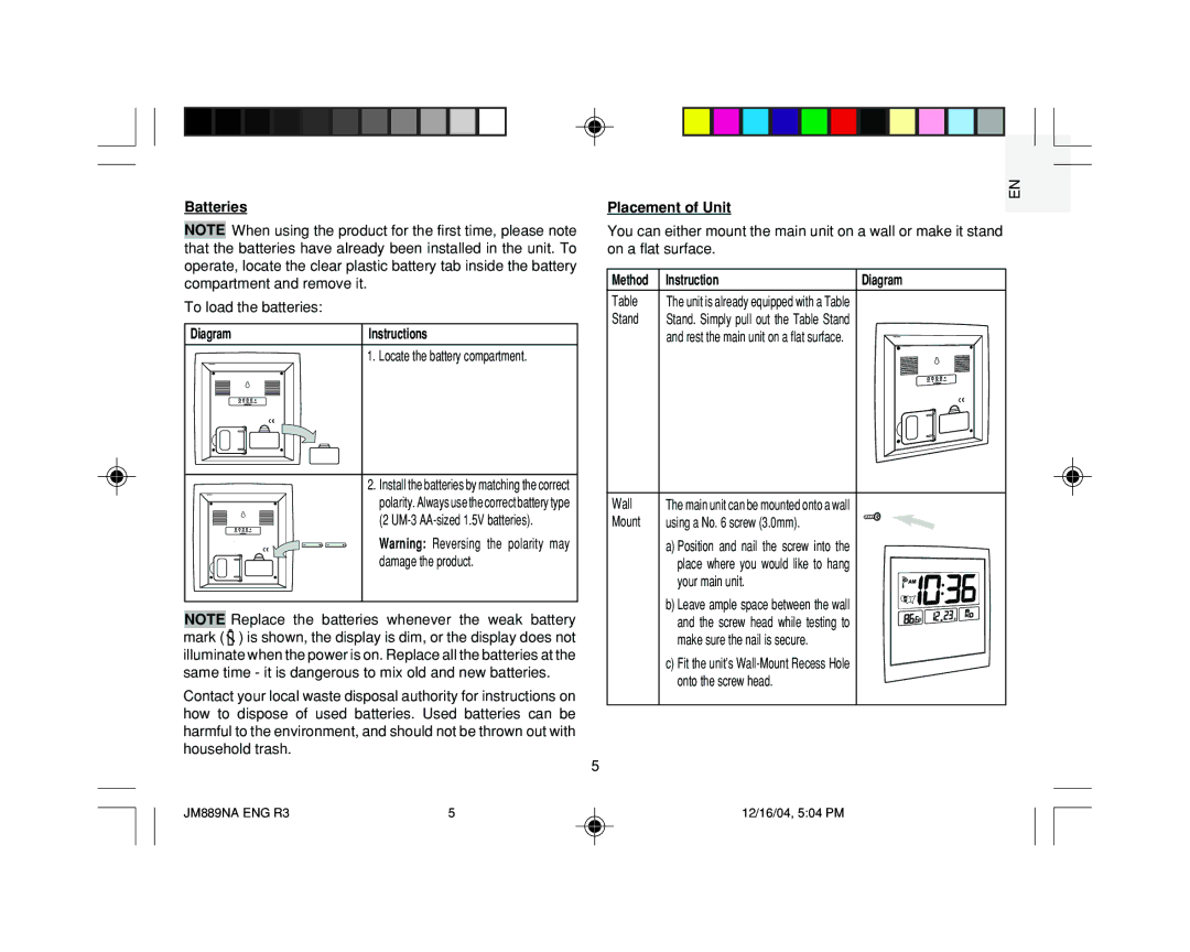 Oregon JM889NA user manual Diagram Instructions, Placement of Unit, Method Instruction Diagram 