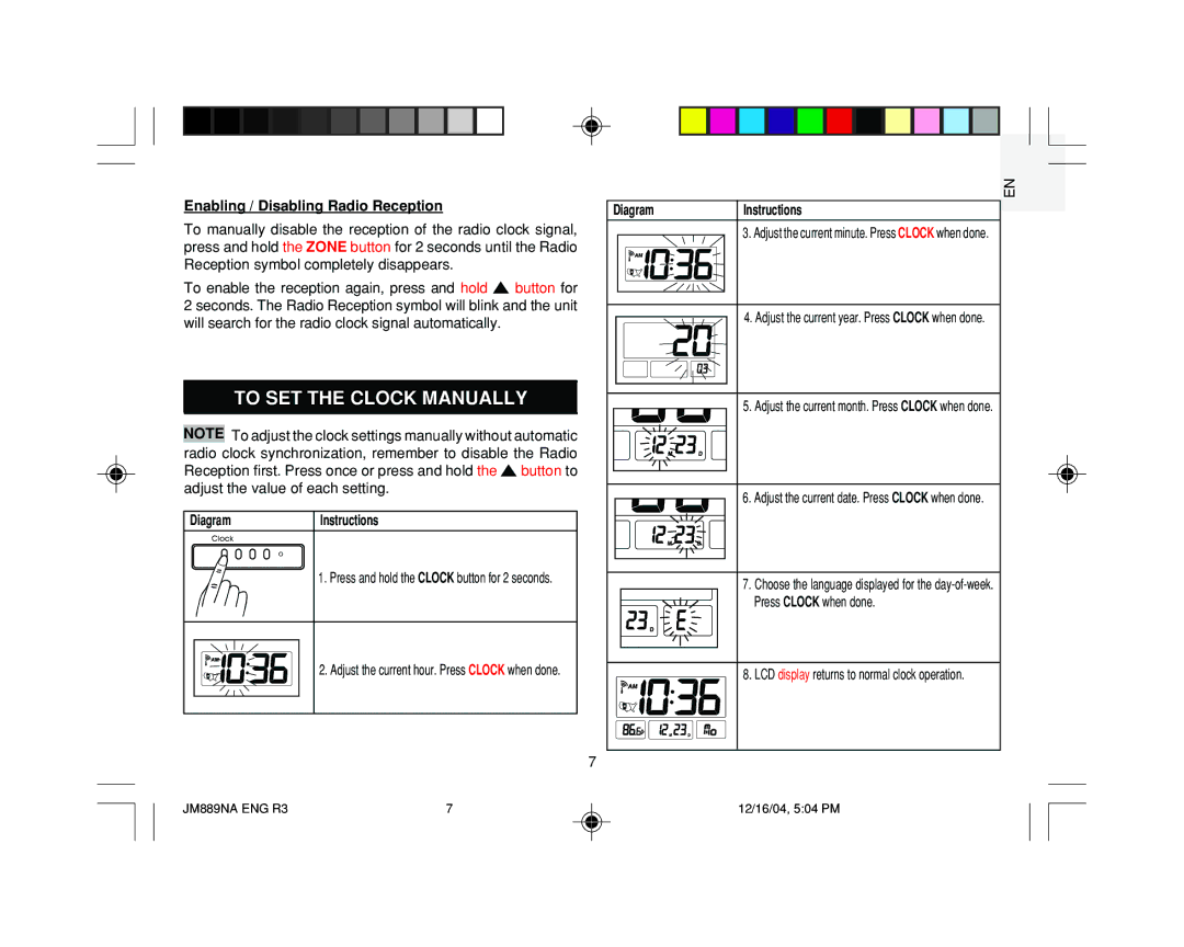 Oregon JM889NA user manual To SET the Clock Manually, Enabling / Disabling Radio Reception 