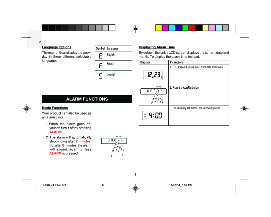 Oregon JM889NA user manual Alarm Functions 