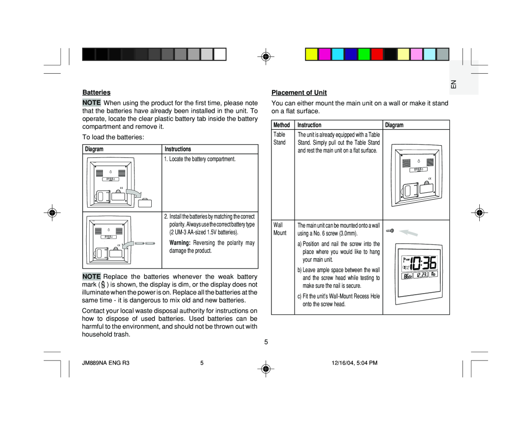 Oregon JM889NA user manual Diagram, Instructions, Placement of Unit, Method, Batteries 