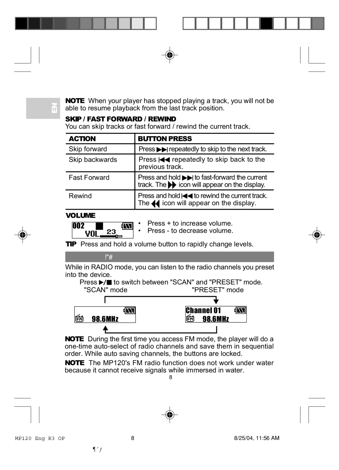 Oregon MP 120 user manual Skip / Fast Forward / Rewind, Action Button Press, Volume, Radio FM 87.5MHZ~108MHZ 