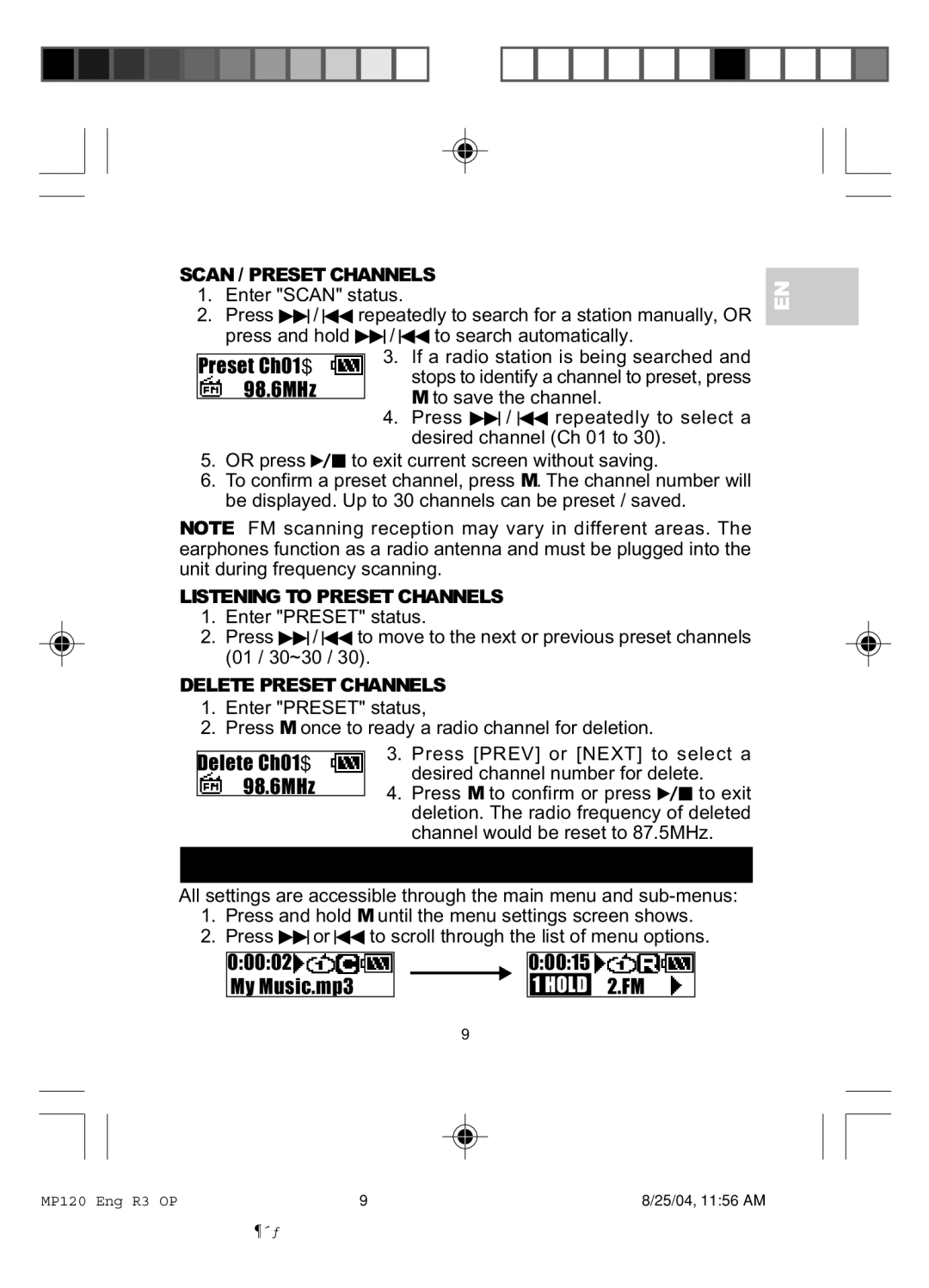 Oregon MP 120 user manual Menu Navigation, Scan / Preset Channels, Listening to Preset Channels, Delete Preset Channels 