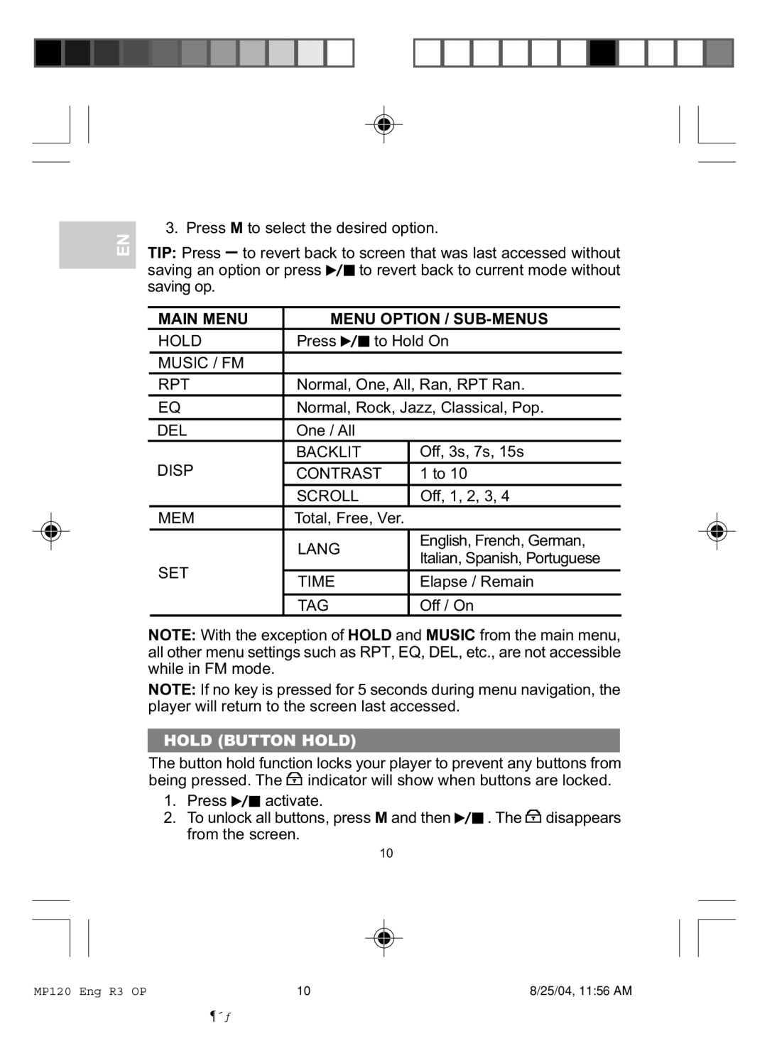 Oregon MP 120 user manual Main Menu Menu Option / SUB-MENUS, Hold Button Hold 