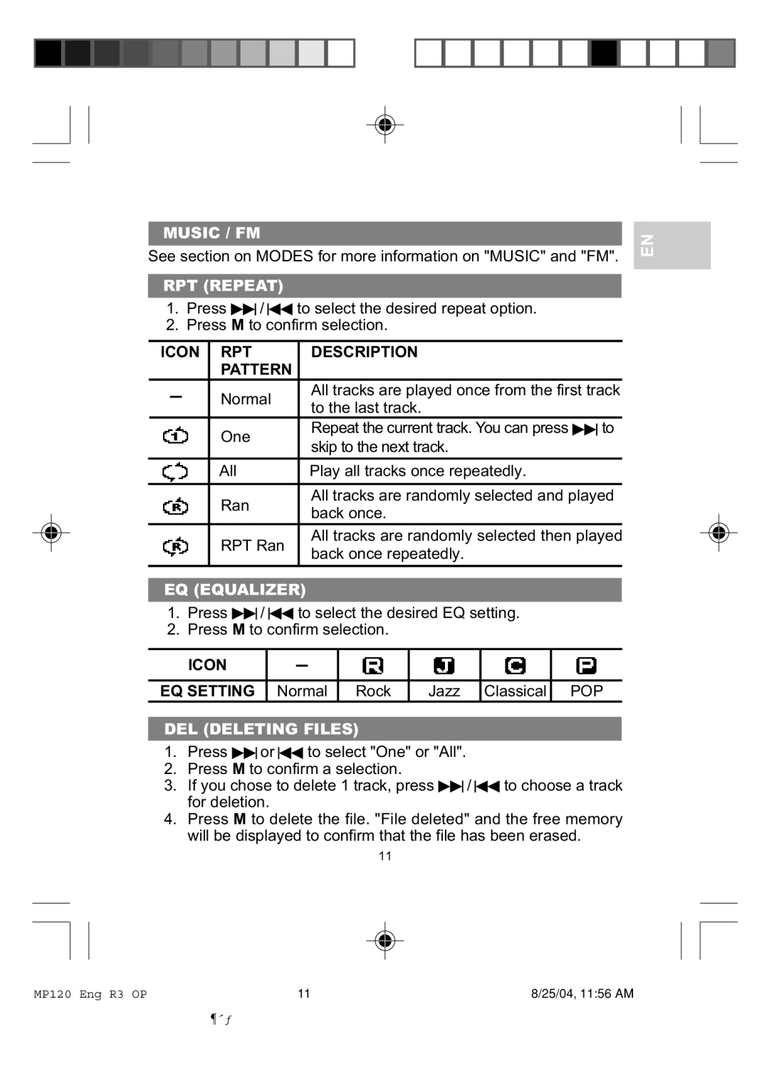 Oregon MP 120 user manual Music / FM, RPT Repeat, EQ Equalizer, DEL Deleting Files 