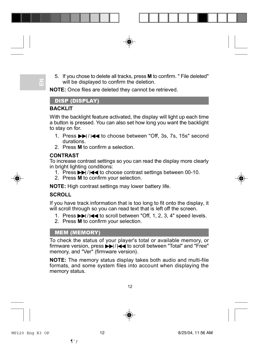 Oregon MP 120 user manual Disp Display, Backlit, Contrast, Scroll, MEM Memory 