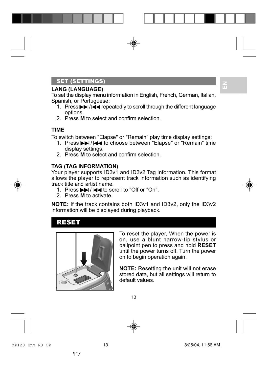 Oregon MP 120 user manual Reset, SET Settings, Lang Language, Time, TAG TAG Information 