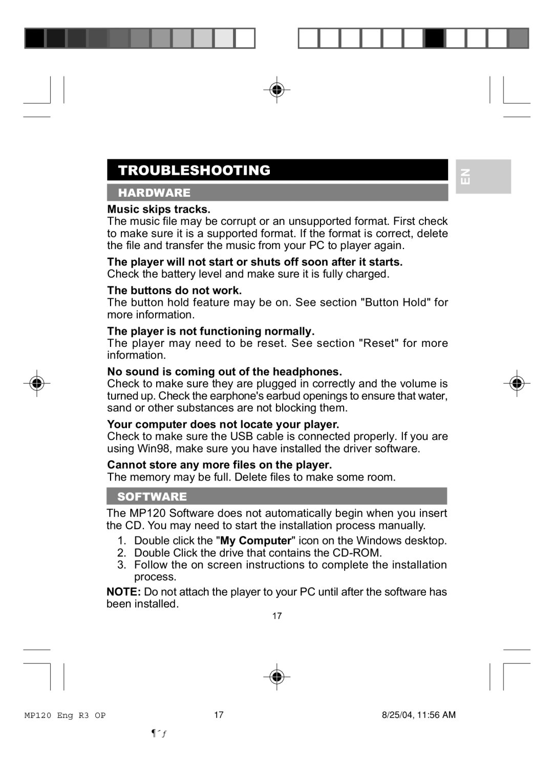 Oregon MP 120 user manual Troubleshooting, Hardware, Software 