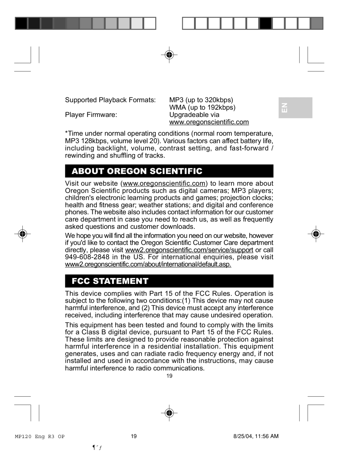 Oregon MP 120 user manual About Oregon Scientific FCC Statement 