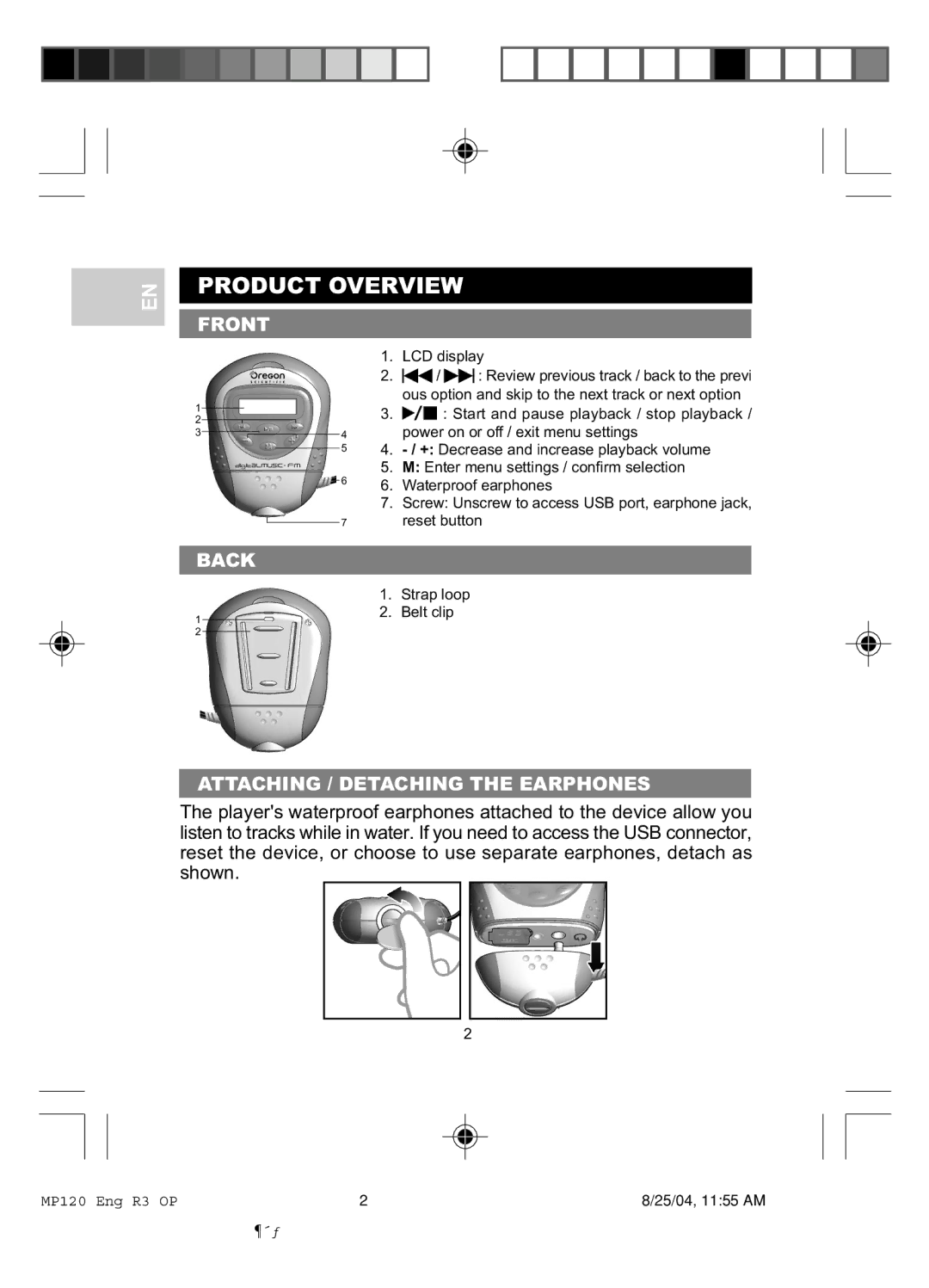 Oregon MP 120 user manual Product Overview, Front, Back, Attaching / Detaching the Earphones 