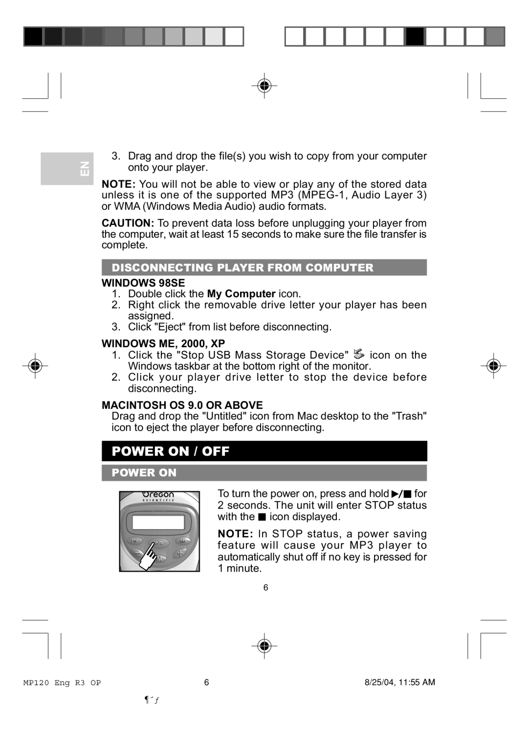 Oregon MP 120 user manual Power on / OFF, Disconnecting Player from Computer 