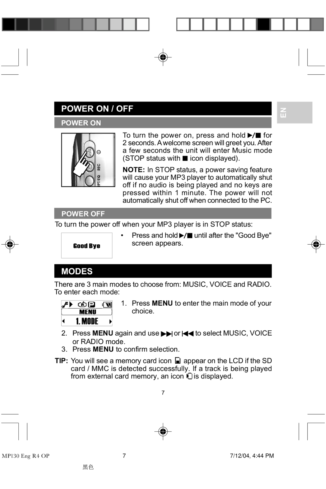 Oregon MP 130 user manual Power on / OFF, Modes, Power OFF, Screen appears 