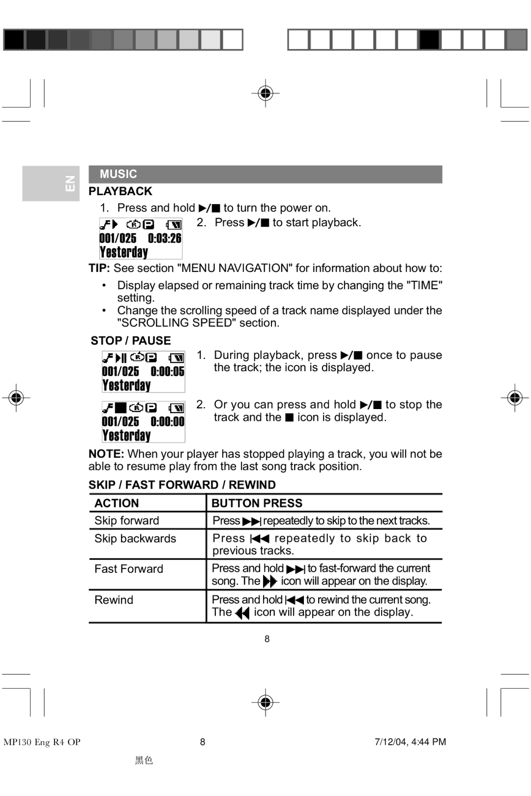 Oregon MP 130 user manual Music, Playback, Stop / Pause, Skip / Fast Forward / Rewind Action Button Press 