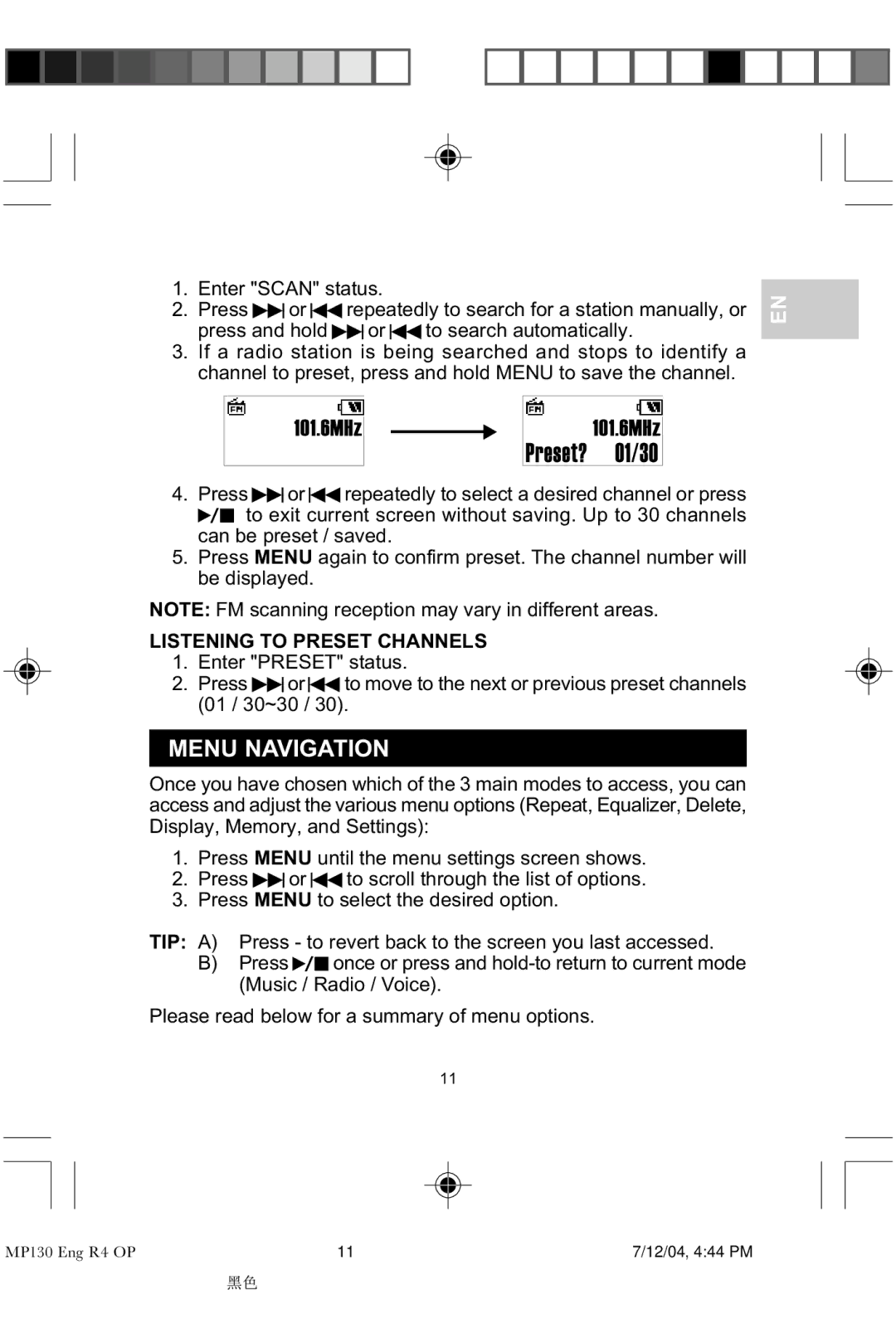 Oregon MP 130 user manual Menu Navigation, Enter Scan status, Listening to Preset Channels 