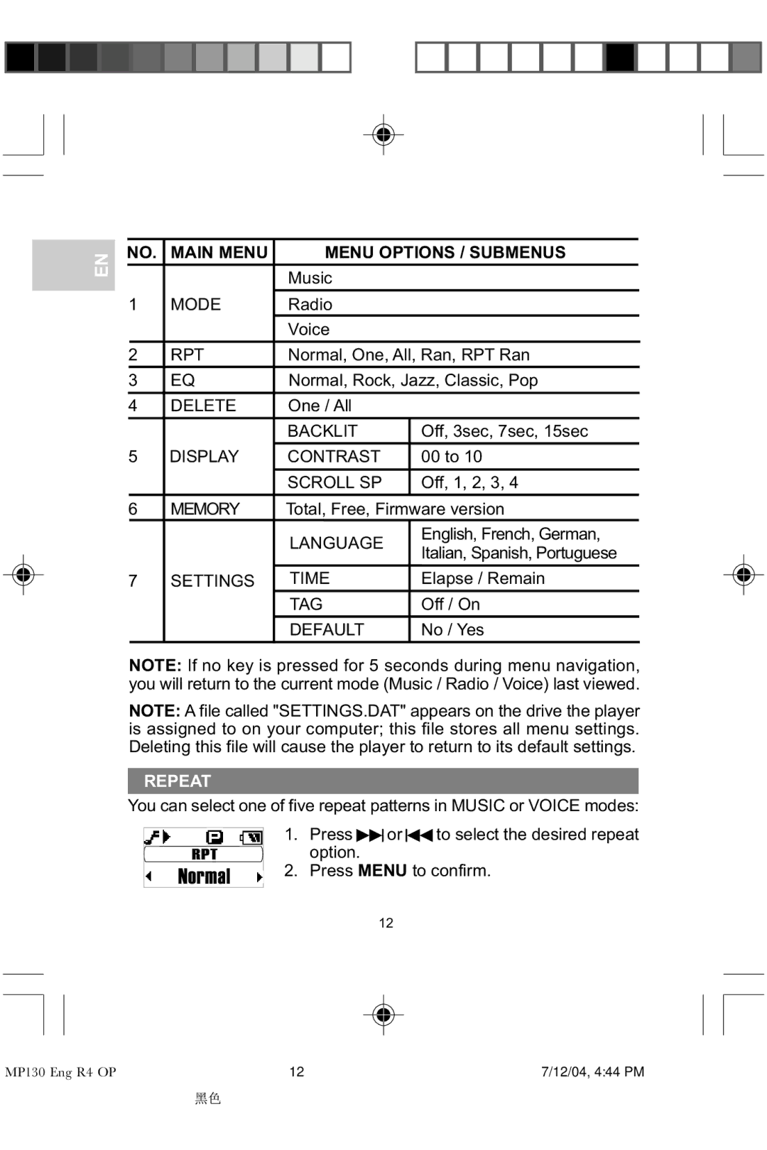 Oregon MP 130 user manual Main Menu Menu Options / Submenus, Repeat 