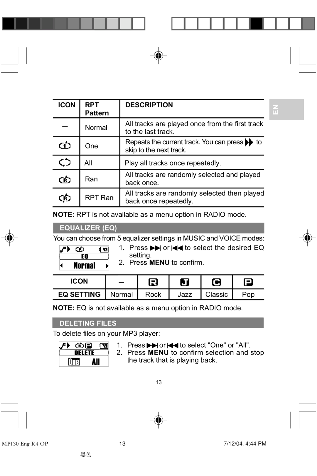 Oregon MP 130 user manual Icon RPT Description, Equalizer EQ, Deleting Files 