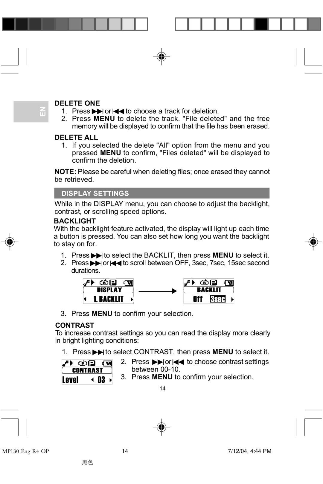 Oregon MP 130 user manual Delete ONE, Delete ALL, Display Settings, Backlight, Contrast 