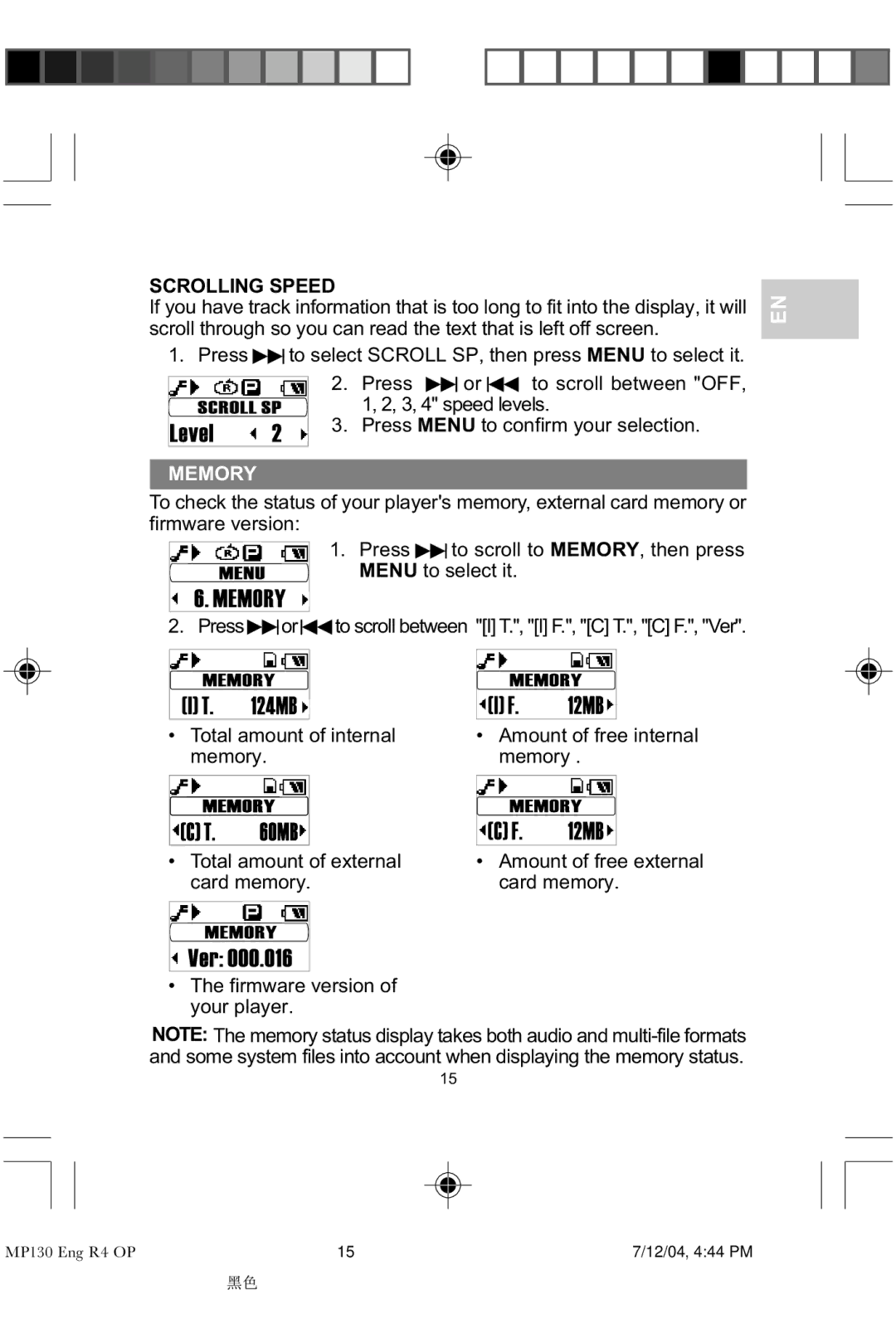 Oregon MP 130 user manual Scrolling Speed, Memory, Menu to select it 