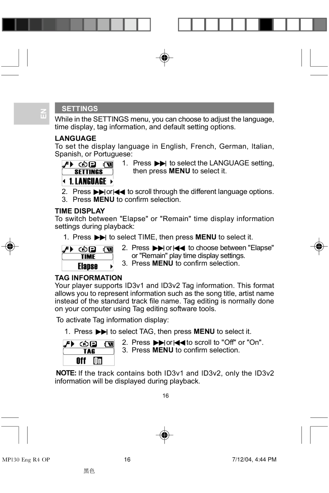 Oregon MP 130 user manual Settings, Language, Time Display, TAG Information 