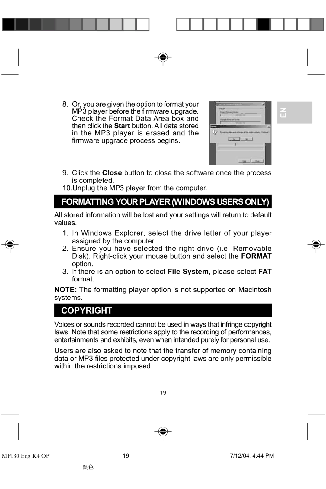 Oregon MP 130 user manual Formatting Yourplayer Windows Usersonly, Copyright 