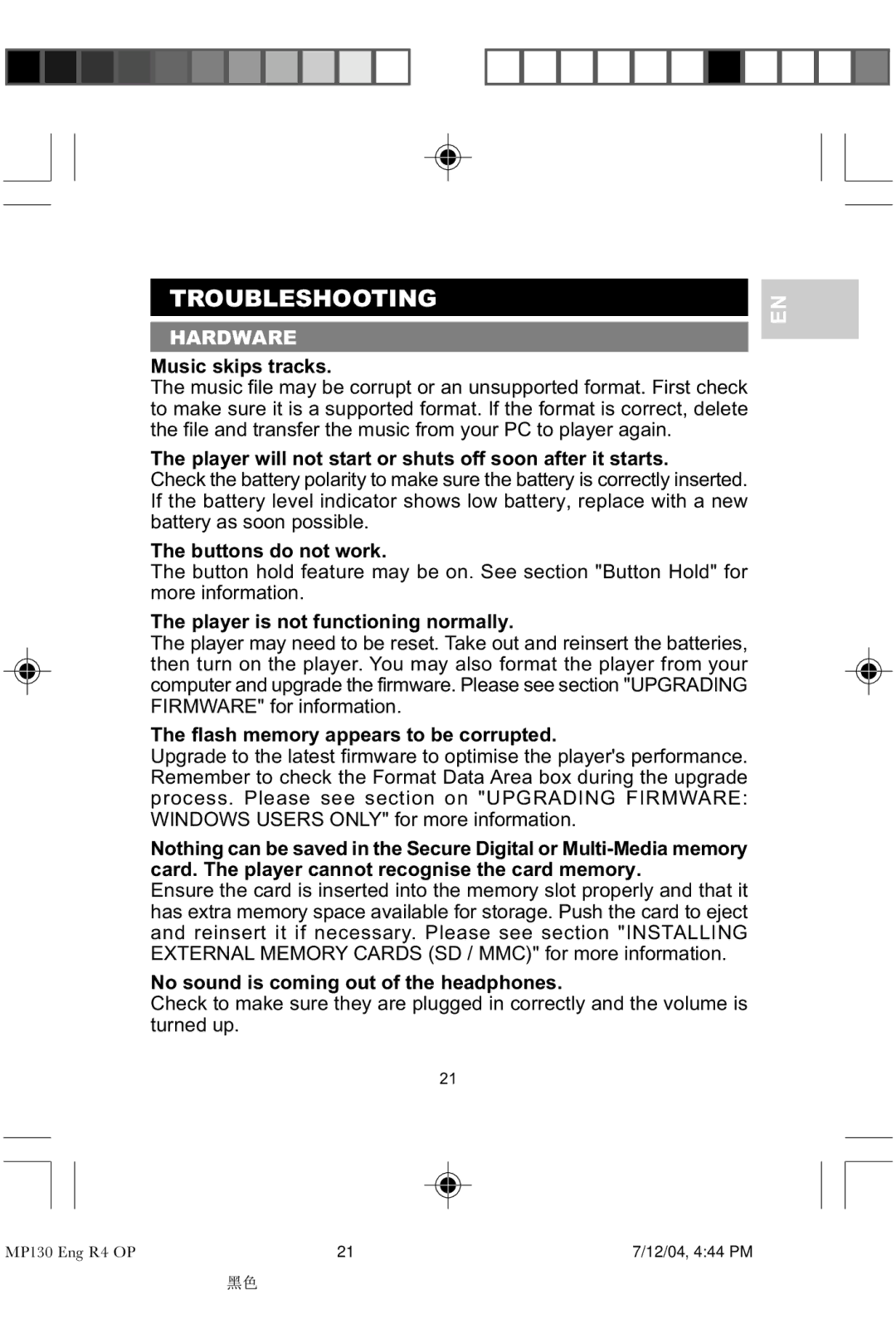 Oregon MP 130 user manual Troubleshooting, Hardware 