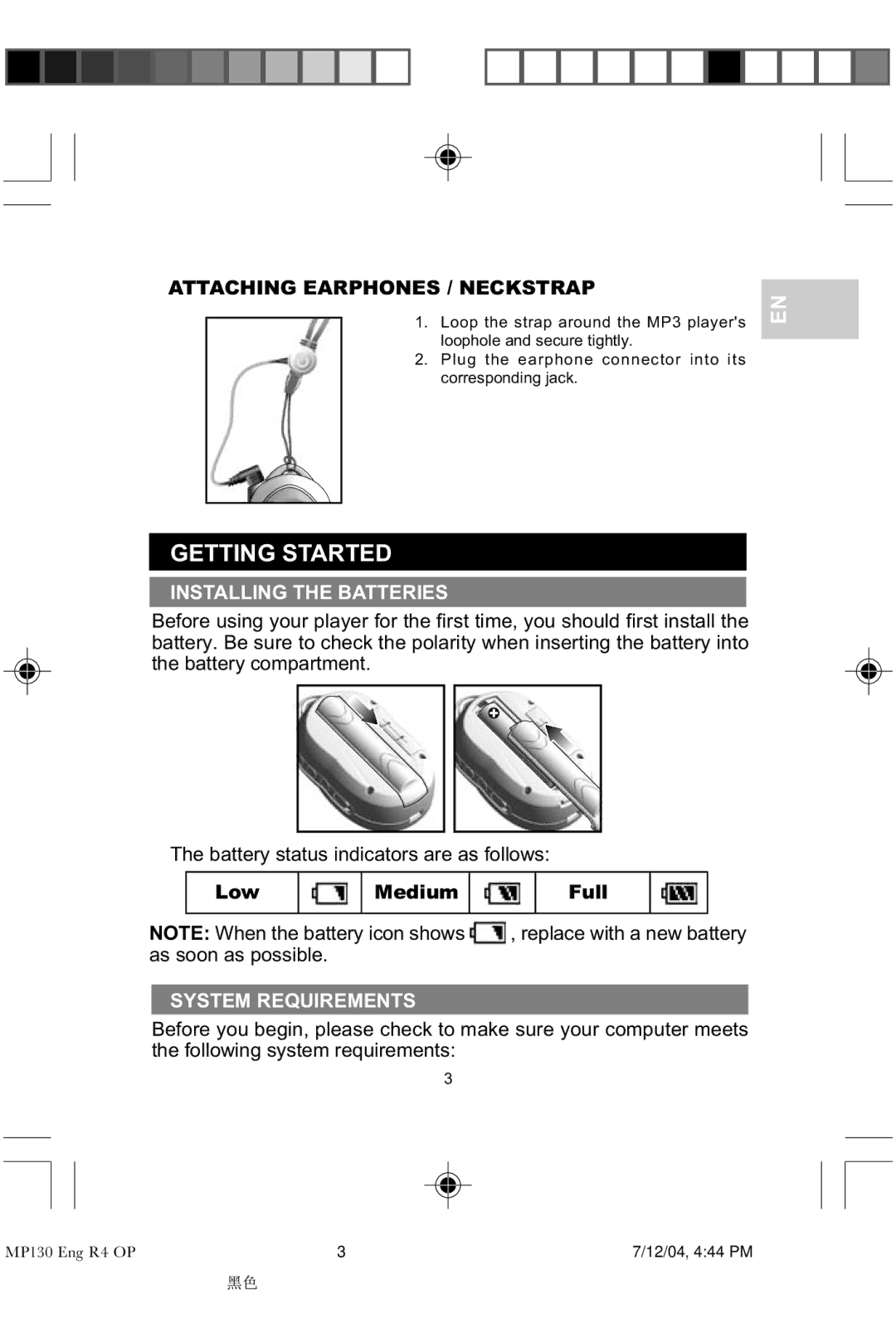 Oregon MP 130 user manual Getting Started, Attaching Earphones / Neckstrap, Installing the Batteries, Low Medium Full 