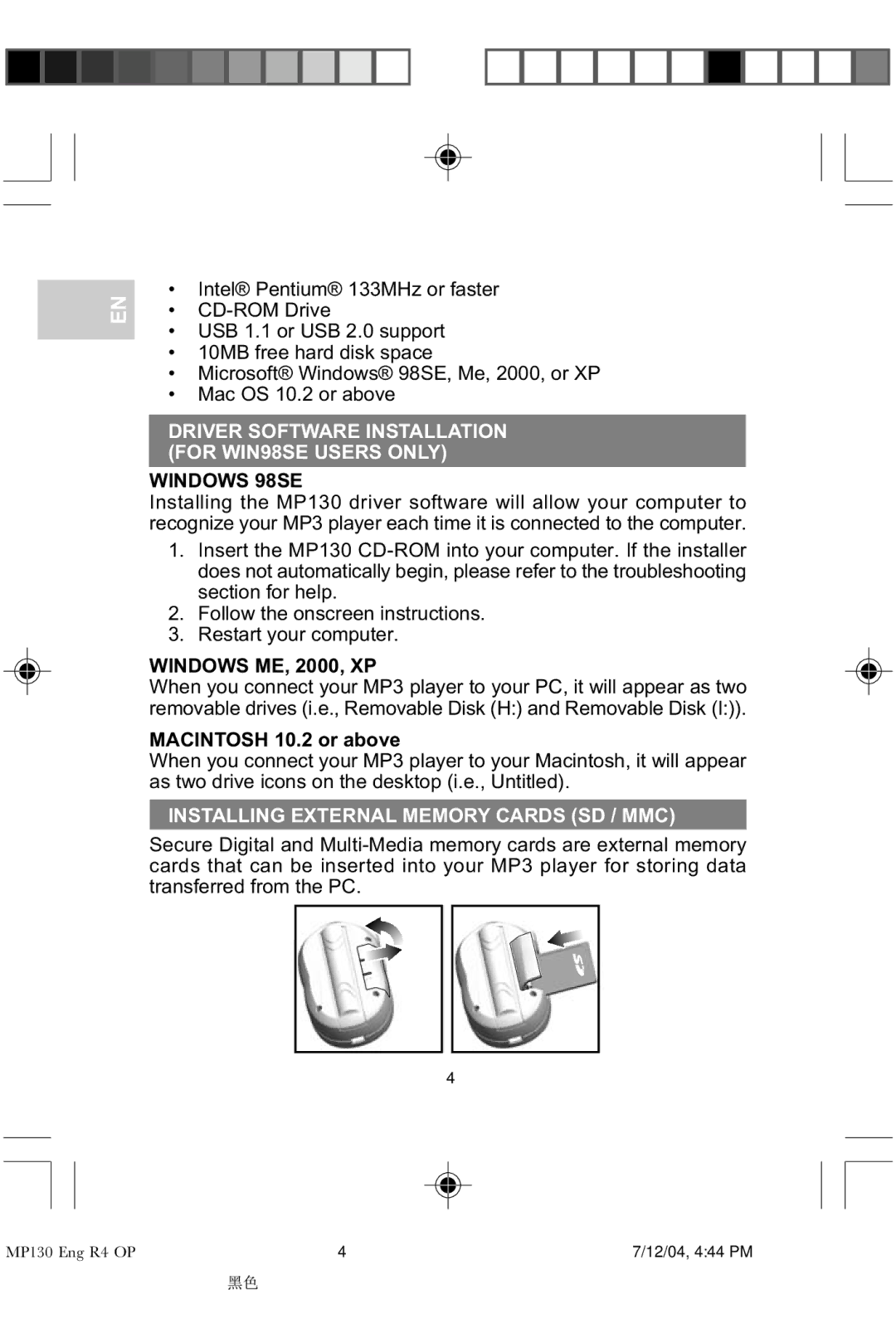 Oregon MP 130 user manual Driver Software Installation for WIN98SE Users only, Windows 98SE, Windows ME, 2000, XP 