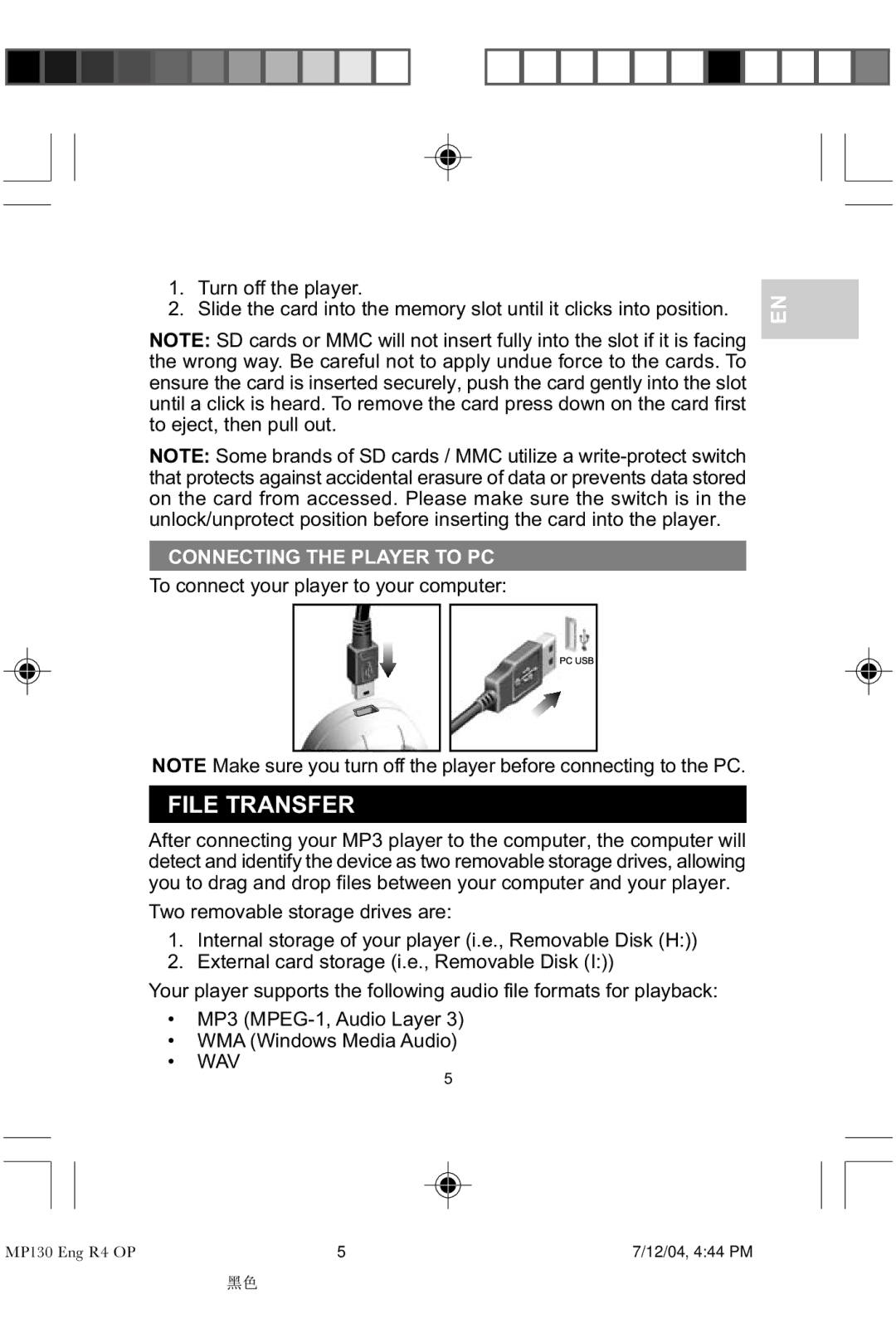 Oregon MP 130 user manual File Transfer, Connecting the Player to PC, To connect your player to your computer 