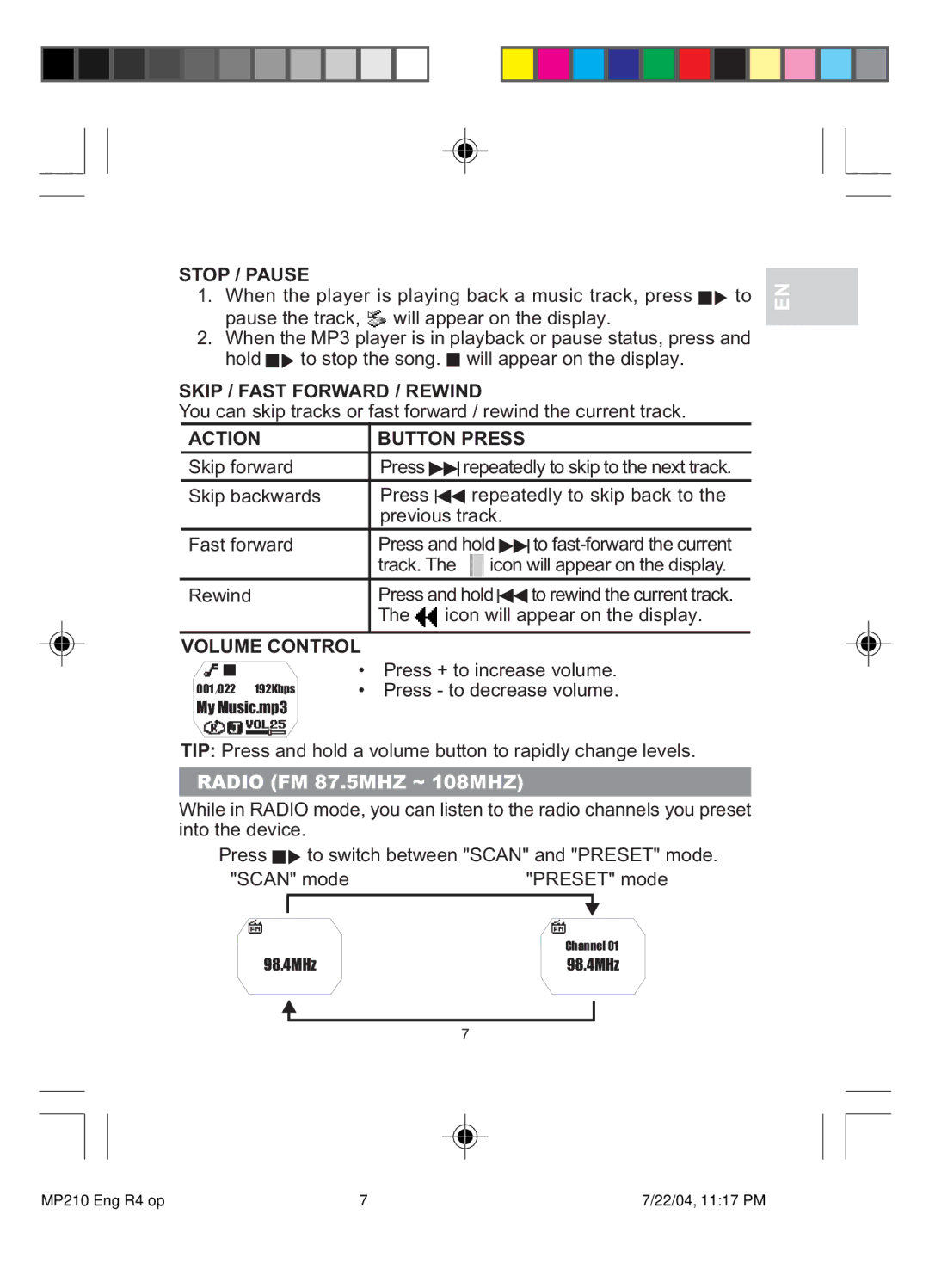 Oregon MP 210 user manual Stop / Pause, Skip / Fast Forward / Rewind, Action Button Press, Volume Control 