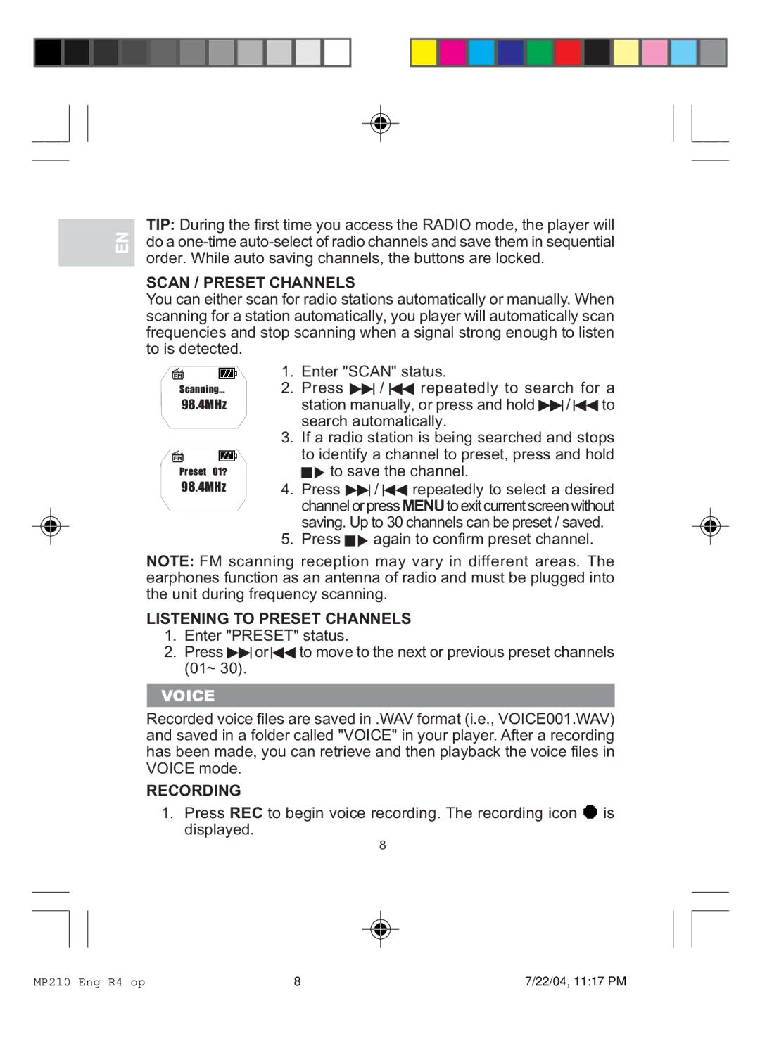 Oregon MP 210 user manual Scan / Preset Channels, Listening to Preset Channels, Voice, Recording 