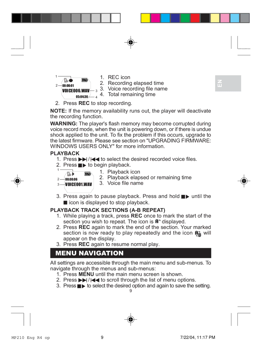 Oregon MP 210 user manual Menu Navigation, Playback Track Sections A-B Repeat 