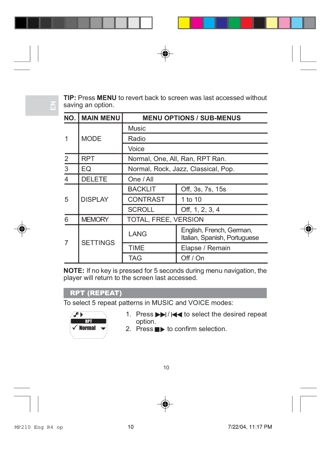 Oregon MP 210 user manual Main Menu Menu Options / SUB-MENUS, RPT Repeat 