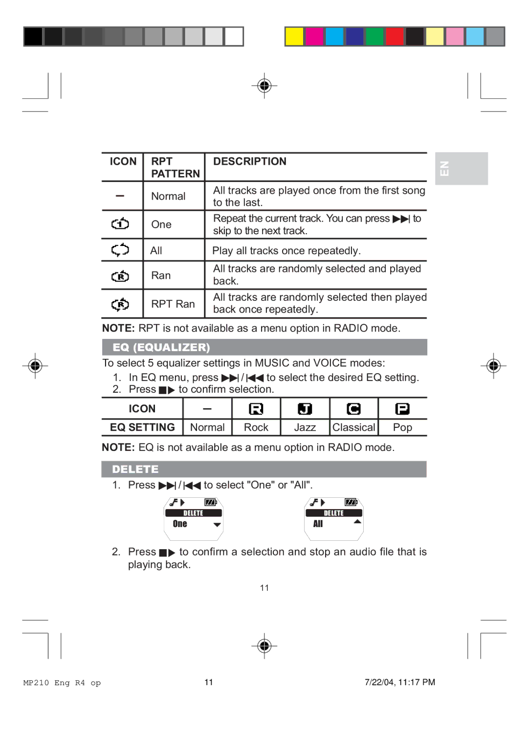 Oregon MP 210 user manual Icon RPT Description Pattern, EQ Equalizer, Delete 