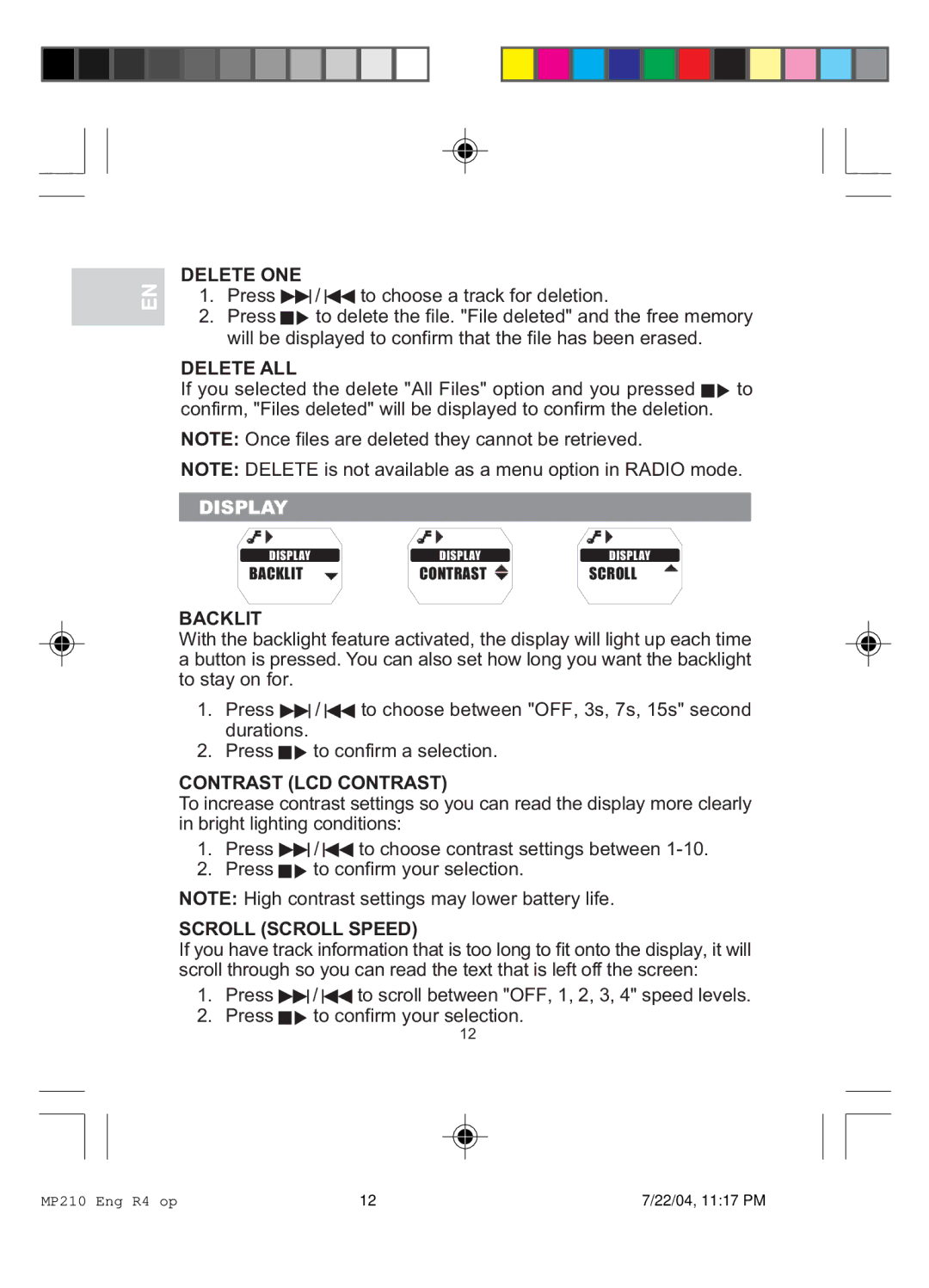 Oregon MP 210 user manual Display 