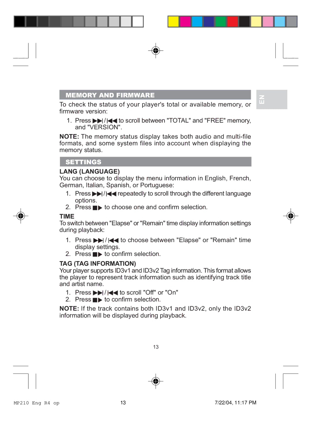 Oregon MP 210 user manual Memory and Firmware, Settings, Lang Language, Time, TAG TAG Information 