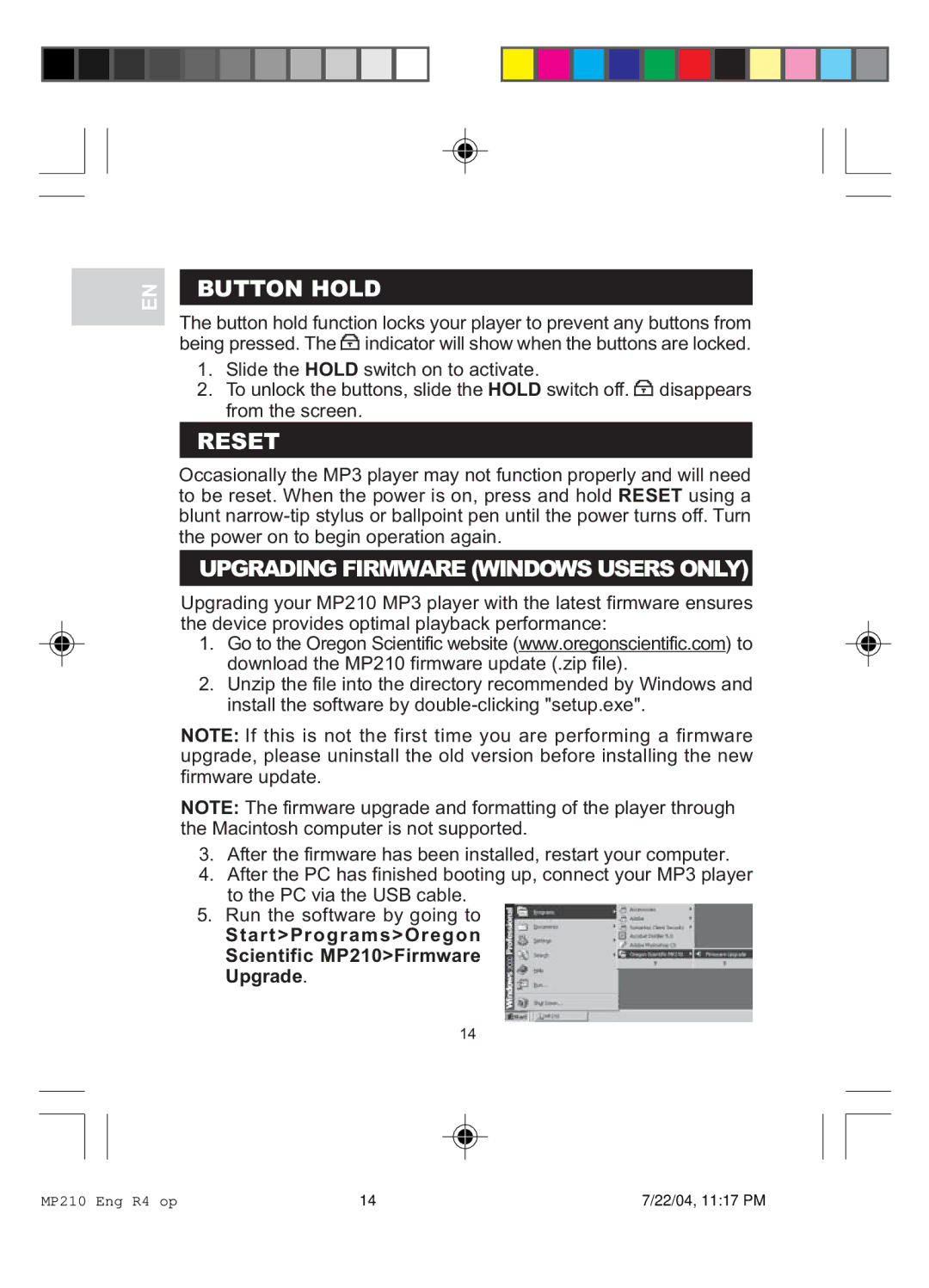 Oregon MP 210 user manual Button Hold, Reset, Upgrading Firmware Windows Users only 