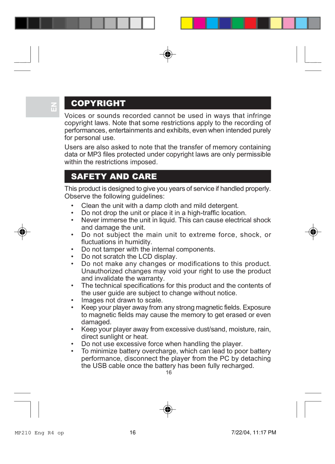 Oregon MP 210 user manual Copyright, Safety and Care 