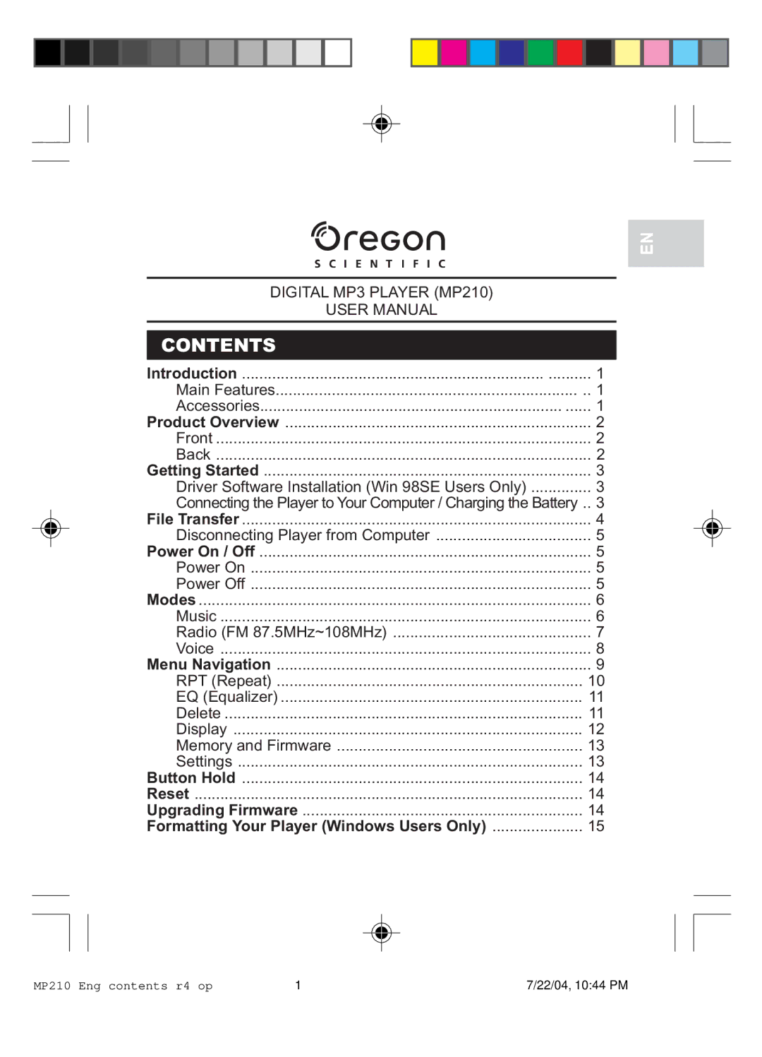 Oregon MP 210 user manual Contents 