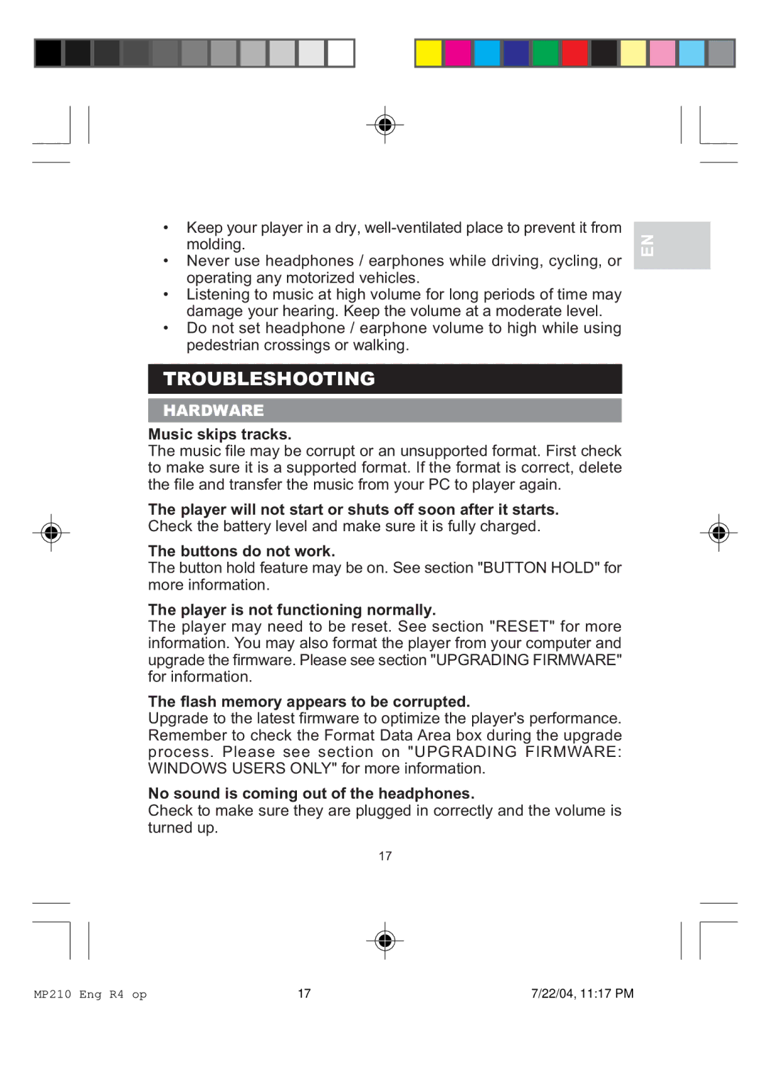 Oregon MP 210 user manual Troubleshooting, Hardware 