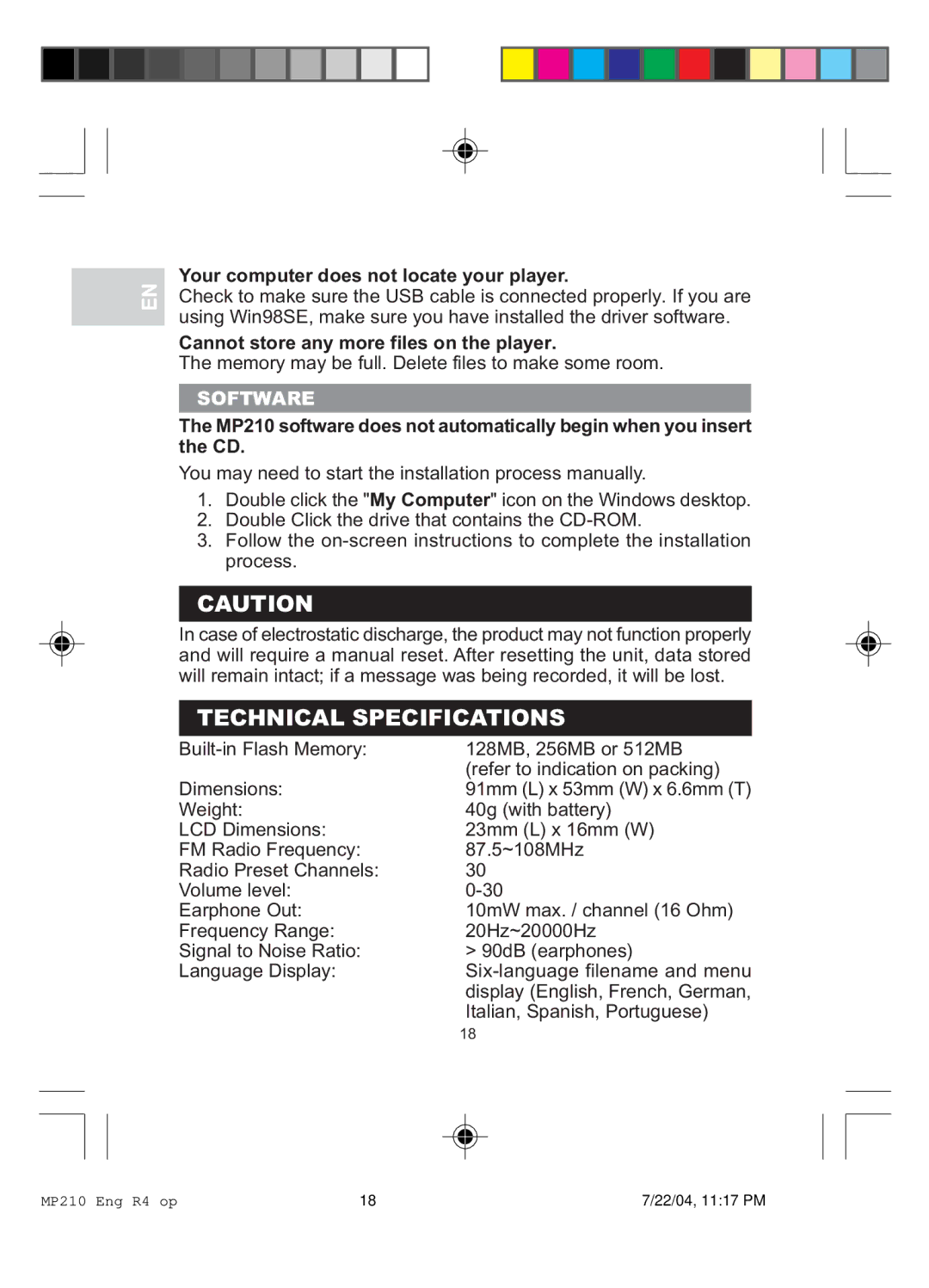 Oregon MP 210 user manual Technical Specifications, Software 