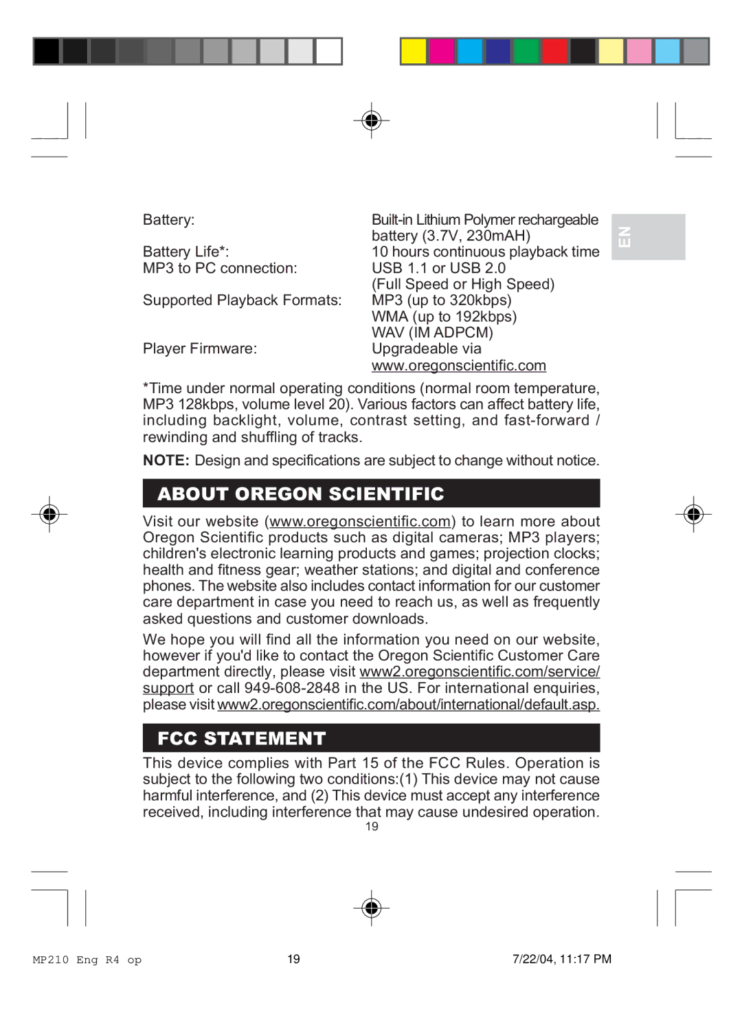 Oregon MP 210 user manual About Oregon Scientific FCC Statement, WAV IM Adpcm 