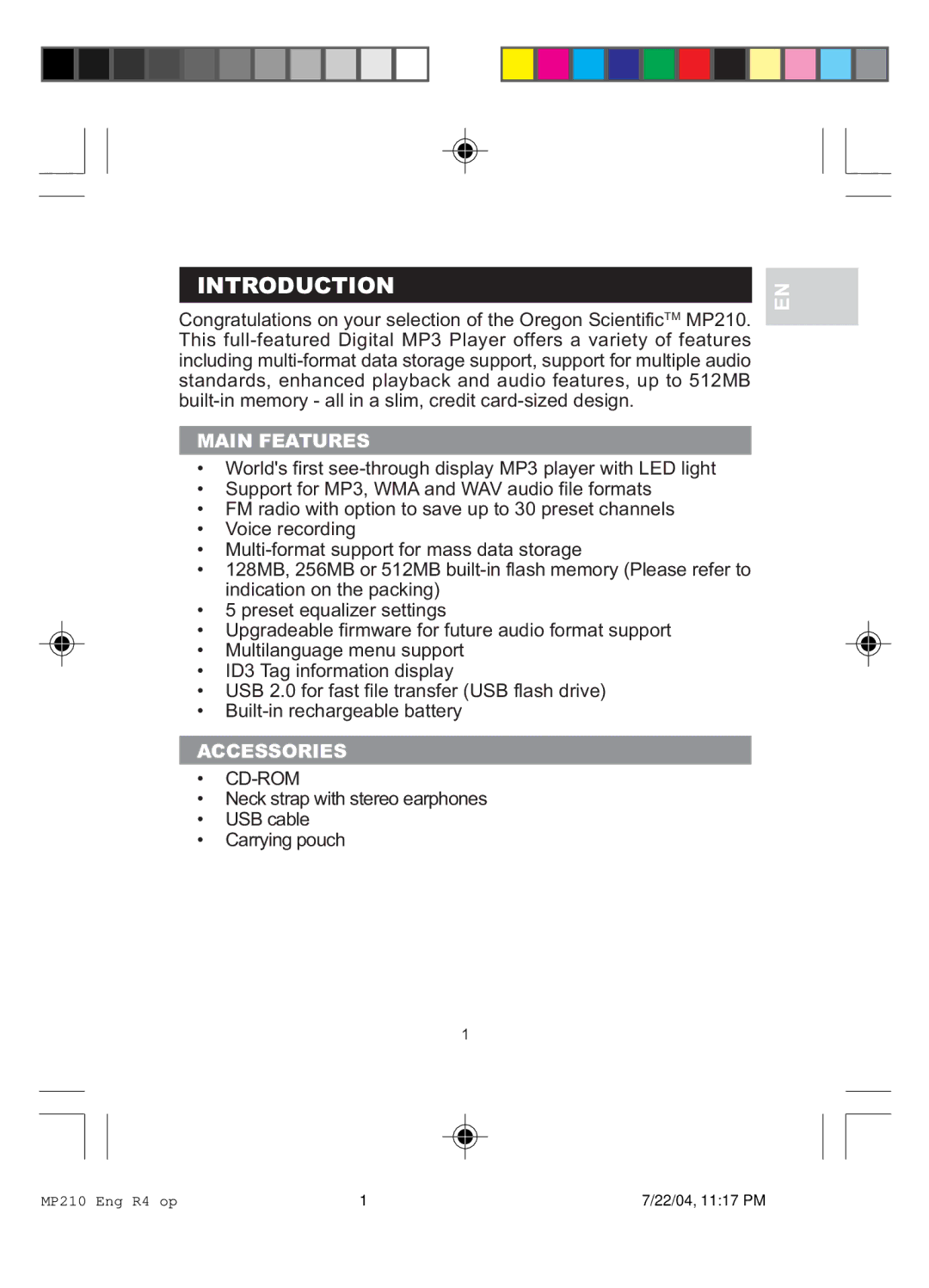 Oregon MP 210 user manual Introduction, Main Features, Accessories 