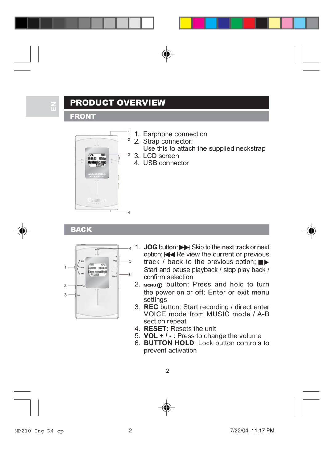 Oregon MP 210 user manual Product Overview, Front, Back 