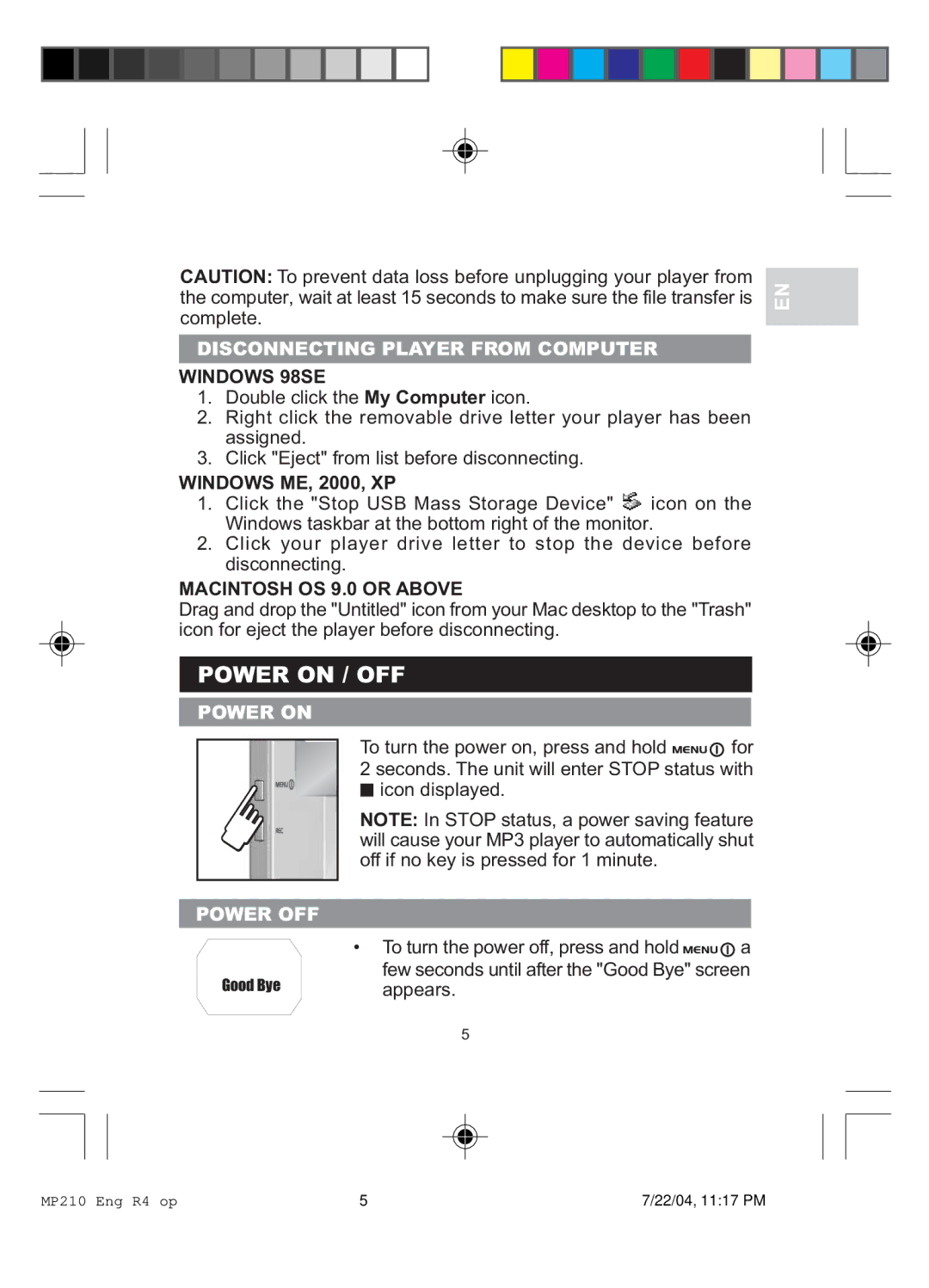 Oregon MP 210 user manual Power on / OFF, Disconnecting Player from Computer, Power OFF 