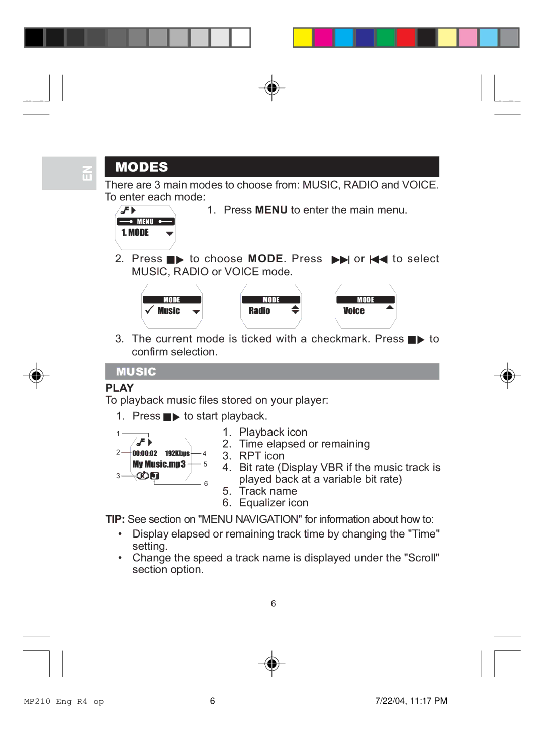 Oregon MP 210 user manual Modes, Music, Play 