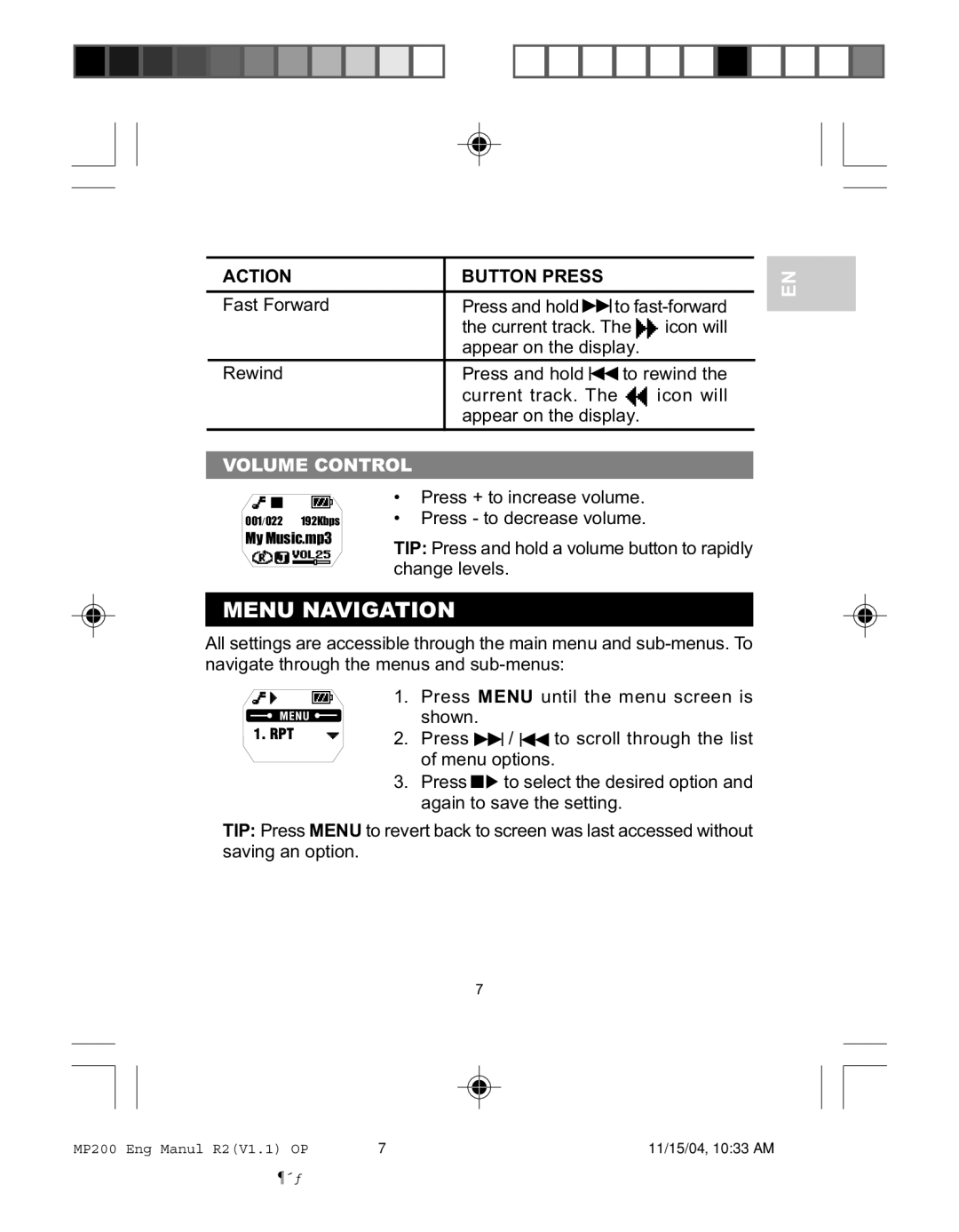 Oregon MP200 user manual Menu Navigation, Volume Control 