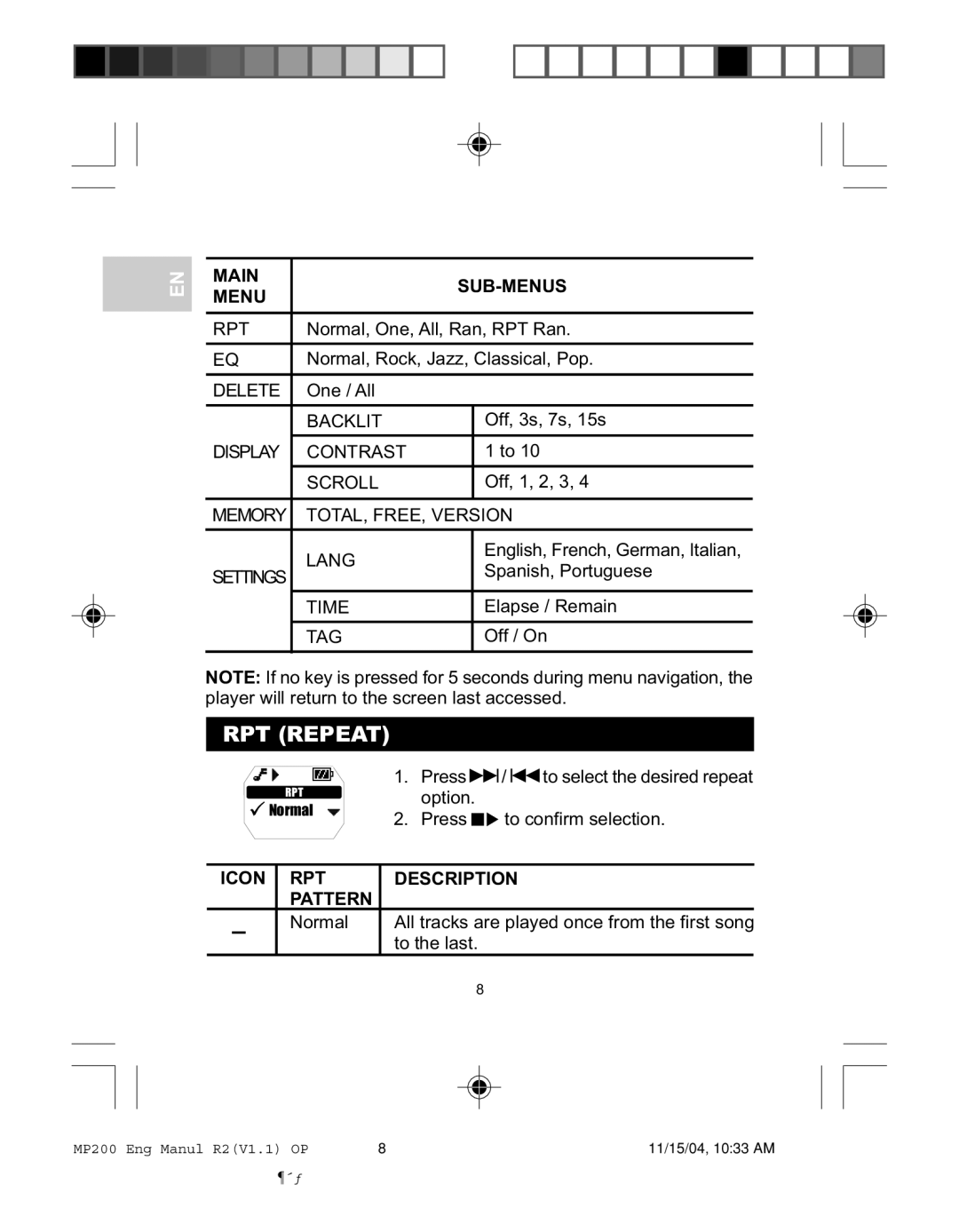 Oregon MP200 user manual RPT Repeat, Main SUB-MENUS Menu, Icon RPT Description Pattern 